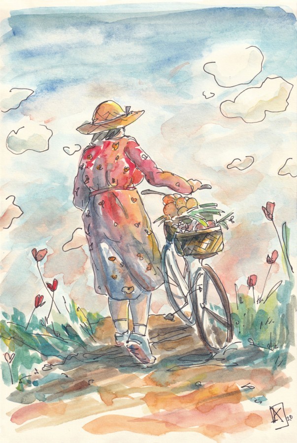 Une grand-mère en robe rouge avec un chapeau de paille accompagne son vélo avec un panier de légumes en haut d'une colline peinte par Kristina Arakelian, peintre et illustratrice home accueil, galerie and portfolio