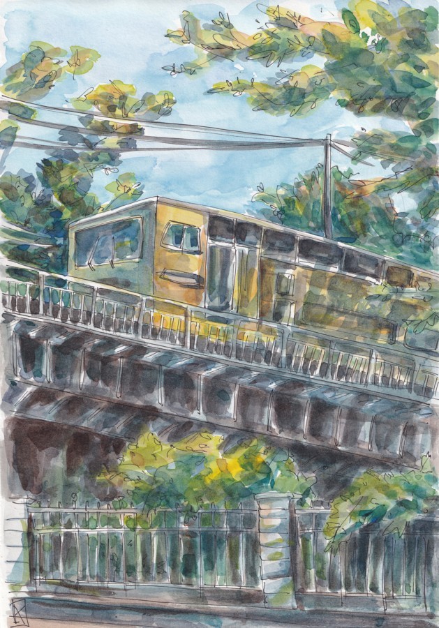 A yellow Parisian subway car stopped on a bridge over the street under the branches of a tree painted by Kristina Arakelian in watercolor