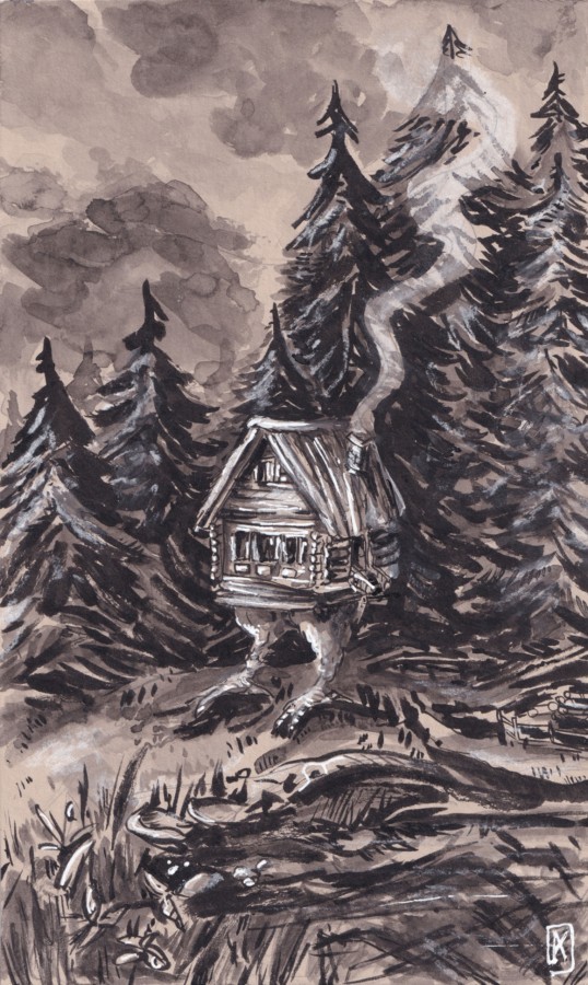Une izbushka telle que la maison de Baba Yaga en Russie sur des pieds de poule dans une forêt peinte à l'encre de chine dans un style de gravure sur du papier marron par Kristina Arakelian, peintre et illustratrice