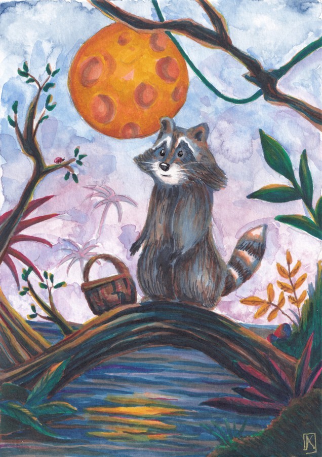 Un jeune ratonneau qui marche sur un ponton par dessus une rivière dans une jungle avec une Lune orange dans son dos, dessiné avec des feutres par Kristina Arakelian, peintre et illustratrice