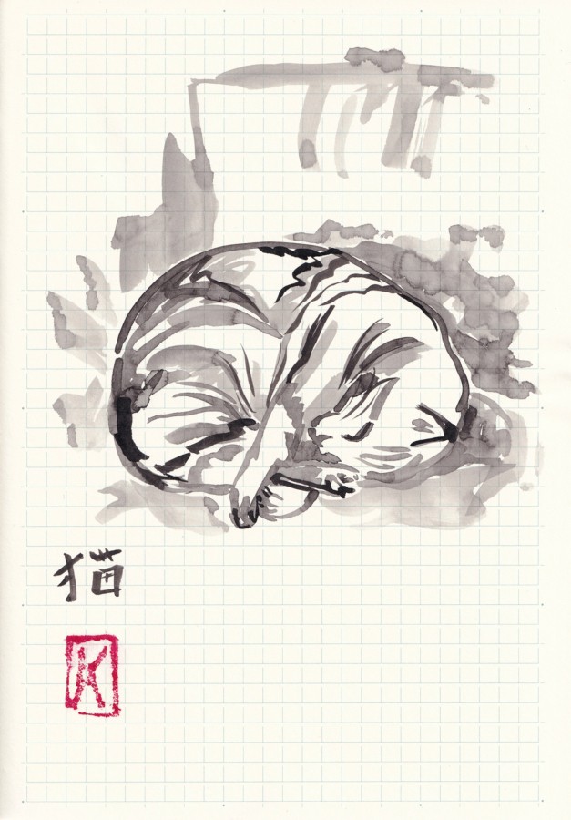 Un chat qui dort roulé en boule sur un canapé peint dans un style sumi-e avec de l'encre de chine par Kristina Arakeliab et apparait sur la page newsletter
