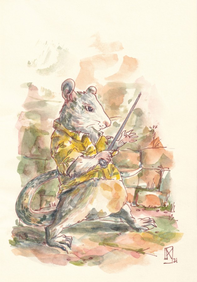 Un rat blanc en chemise jaune qui se bat dans un donjon avec un clou peint par Kristina Arakelian à l'aquarelle