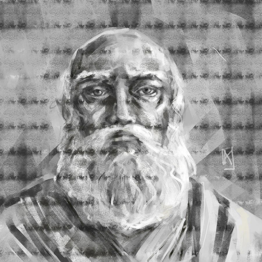 A digital drawing of an alchemist, an elderly man with a beard drawn in shades of gray and black by Kristina Arakelian