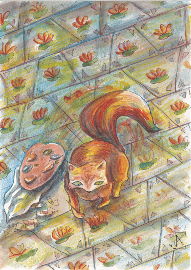 Un chat roux vu d'au-dessus en train de peindre des lotus sur les dalles au sol avec sa peinture posée à ses côtés est peint à l'aquarelle par Kristina , peintre et illustratrice