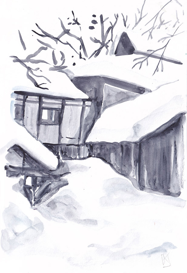 Snowy japanese yard painted with inks by Kristina Arakelian