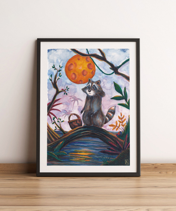 Un epetit ratonneau en train de ramasser des fruits pour sa maman marchant au dessus d'une rivière peint et dessiné par Kristina Arakelian et disponible dans la boutique
