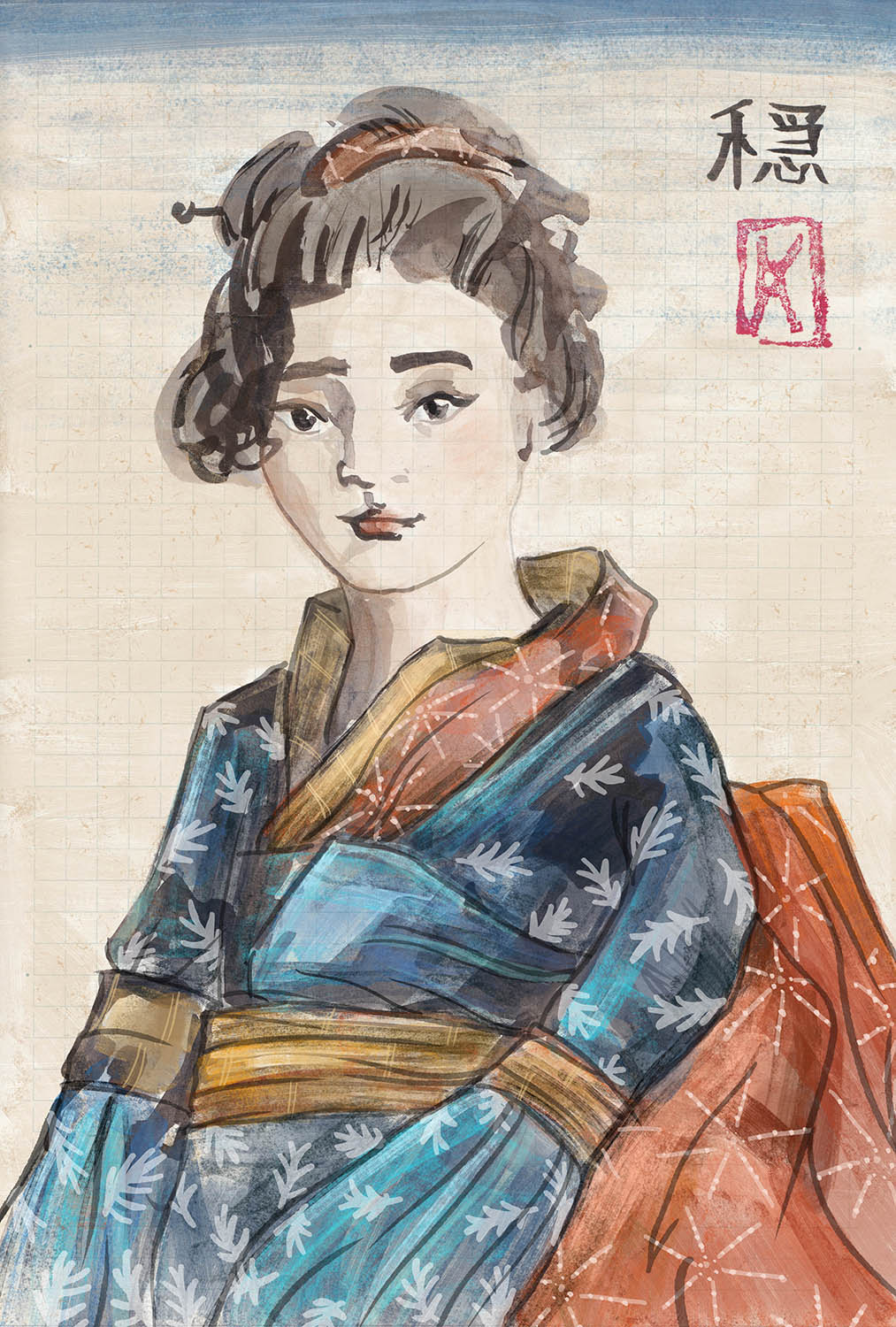 Une jeune fille japonaise peinte à l'encre de chine par Kristina Arakelian, peintre et illustratrice, et colorée avec des couleurs vives aux cheveux attachées et avec un kimono traditionnel utilisée sur pages contact home accueil contacter blog articles