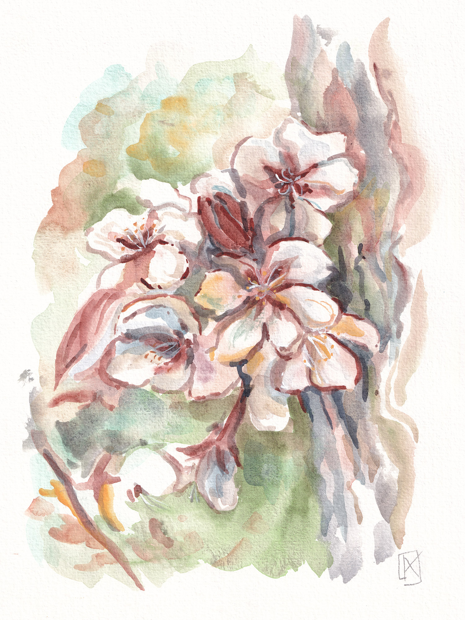 Apple tree flowers on the background of a tree paitned with natural watercolors by kristina Arakelian