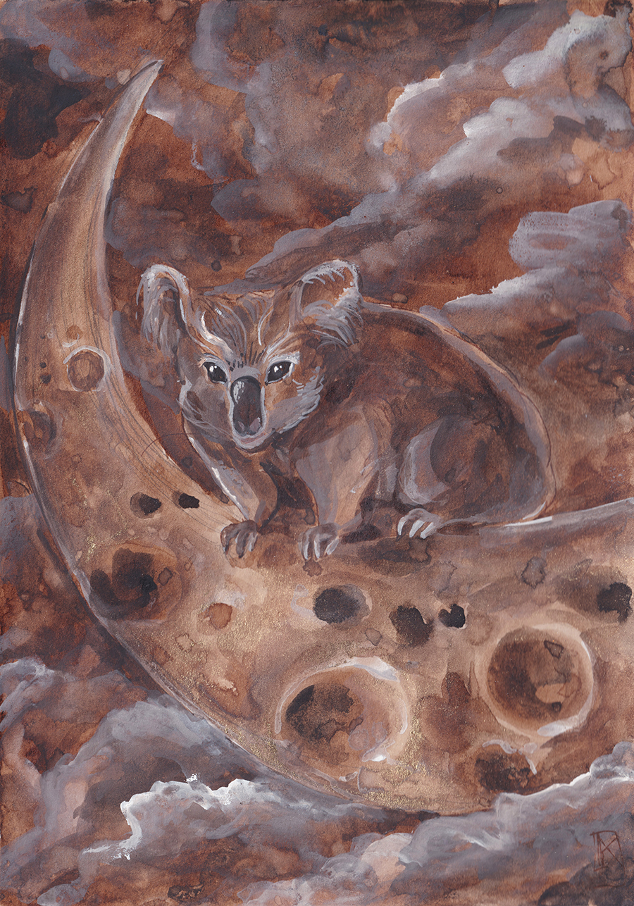 A koala traveling on a Moon drawn and painted by Kristina Arakelian